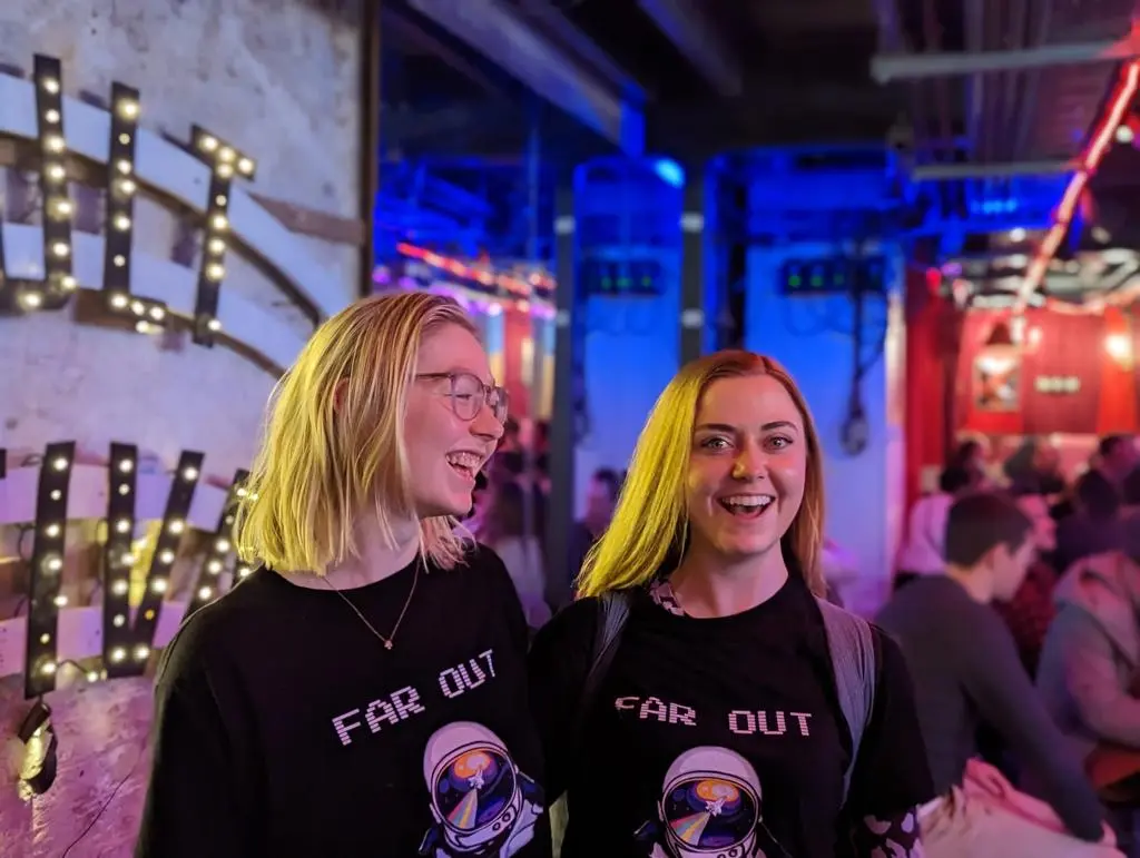 Candid shot of Libby Williamson with L Squared co-founder Lauren Lambert Moore at the premiere of their play Far Out